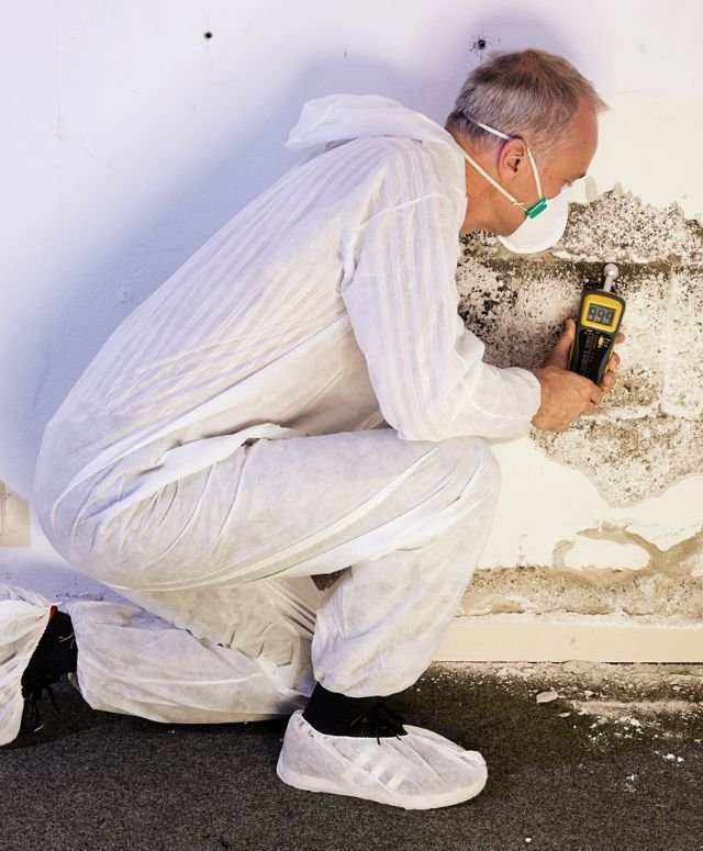 A man in white coveralls uses a digital thermometer to inspect for mold at a mold removal service in Las Vegas, NV.