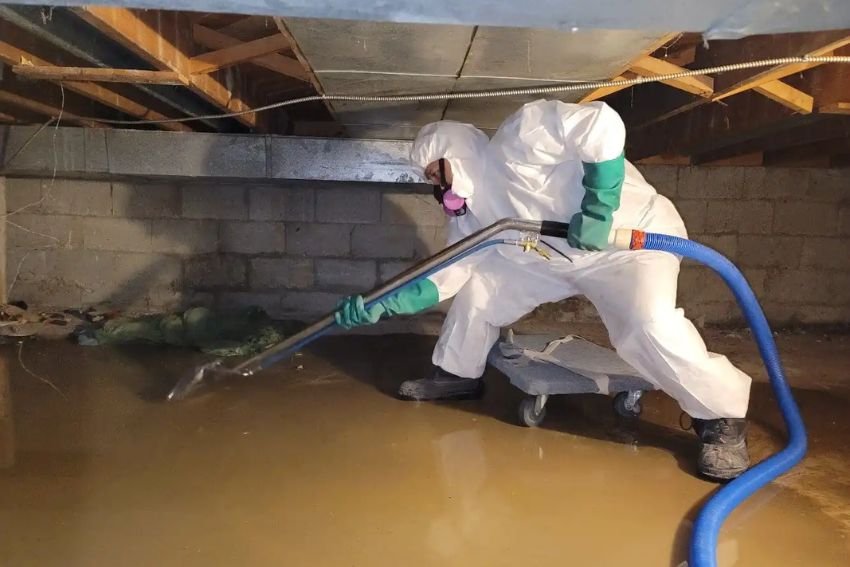 A man wearing a white suit and gloves vacuums water, highlighting a water damage restoration service based in Las Vegas, NV.