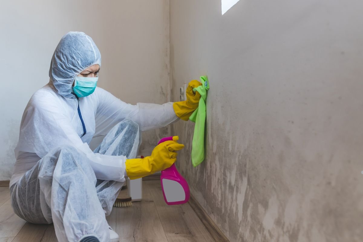 A person in a protective suit and gloves cleans a stained wall with a green cloth while holding a pink spray bottle.