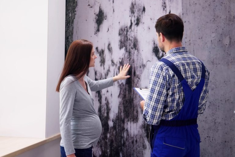 A pregnant woman points to a damaged wall while a man in work attire takes notes, indicating a discussion about the issue.