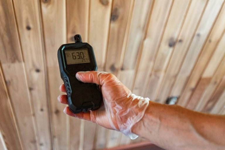 A person holds a digital thermometer against a wood-paneled wall, emphasizing the importance of air quality testing before mold removal.